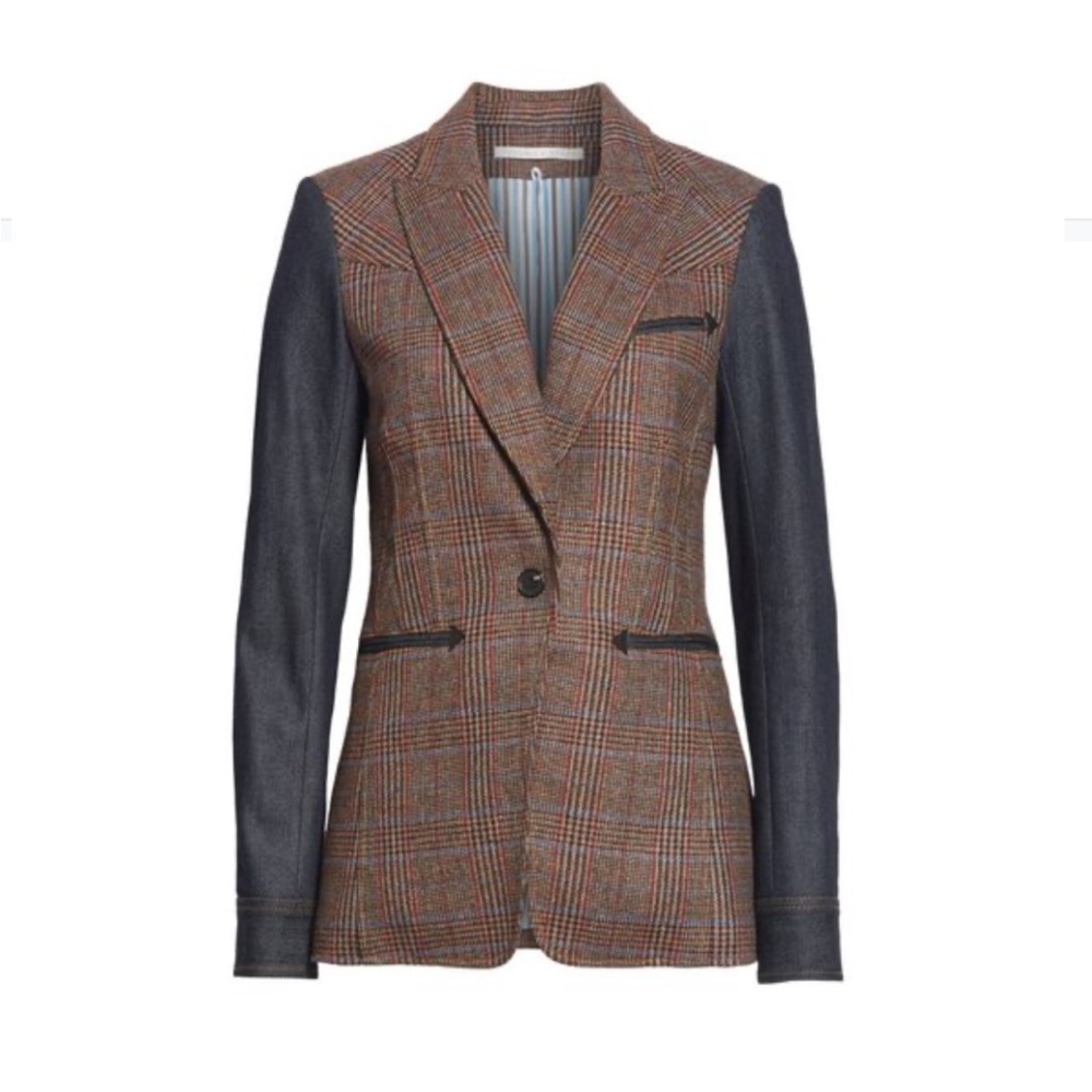 $698 Rare Veronica Beard Mela mixed media plaid Dickey Jacket Denim Sleeve Sz 12